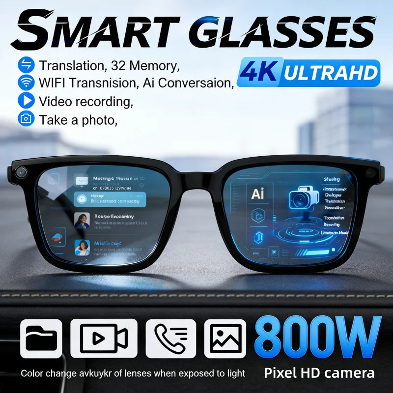 Novos Óculos Inteligentes com IA 2026: Tradução por IA, Câmera HD de 8MP, Gravação de Imagens 4K, Chamada Bluetooth, Gravação de Música e Óculos de Sol Inteligentes